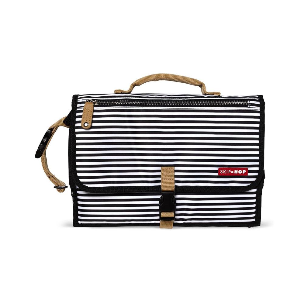 imageSkip Hop Travel Baby Changing Pad with EasyClean Surface Wipes Pocket Diaper Storage Disposable Bag Dispenser and Magnetic Wipes Pocket Clean Slate BlackBlack  White Stripe